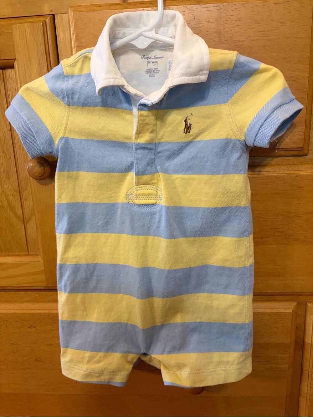 Ralph Lauren Boys 100% Cotton Rugby Style Yellow/Blue Stripe Romper Size 6 Month